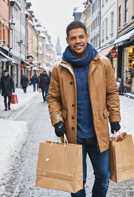 in a snowy European city, with shopping bags