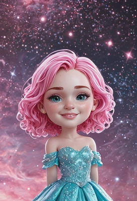 Chibi 3D cartoon style, female character with cyan eyes, wavy pink hair, wearing a shimmering gown, serene pose, celestial background with glowing stars and a soft nebula, waist-up portrait
