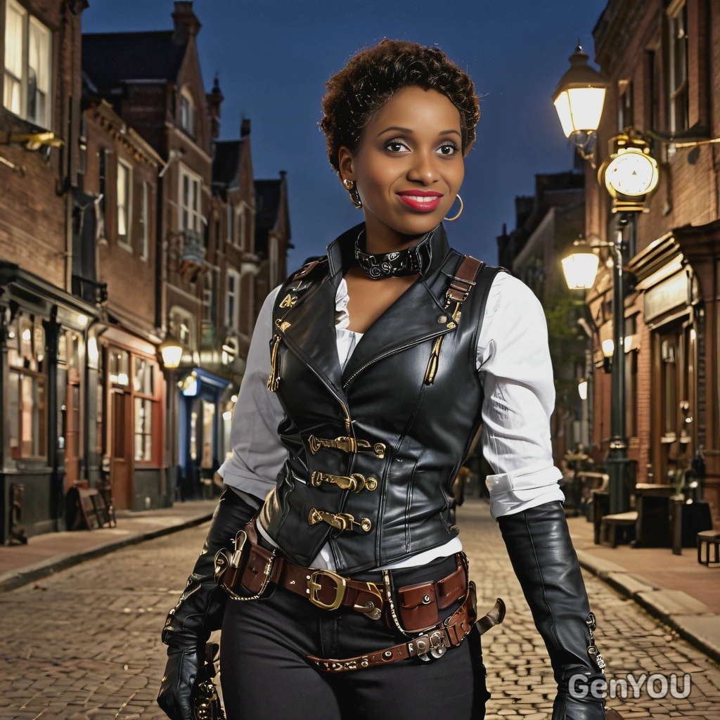 as a Steampunk rogue, in a leather vest with a pocket watch and mechanical gauntlets, sneaking through a Victorian cityscape at night