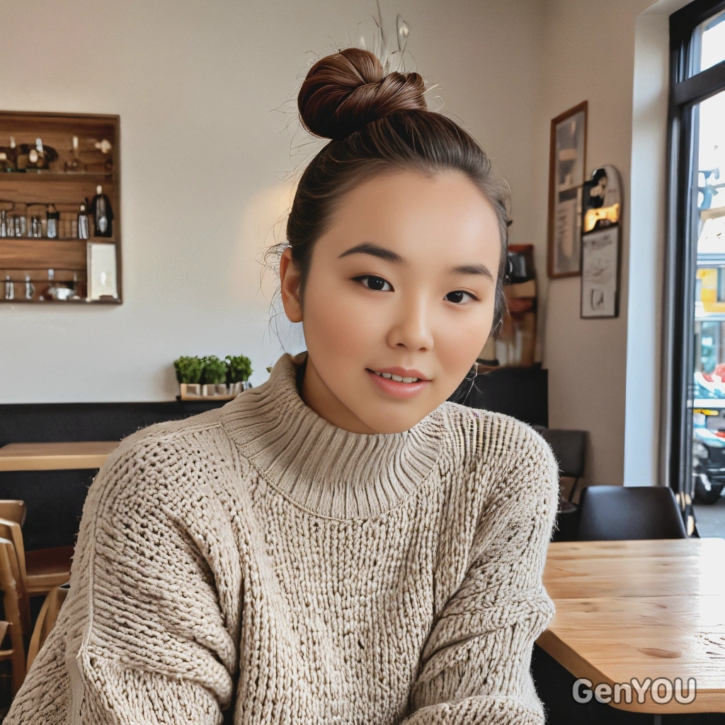 close-up, with an elegant top knot, wearing a comfy knit sweater, in a minimalist café
