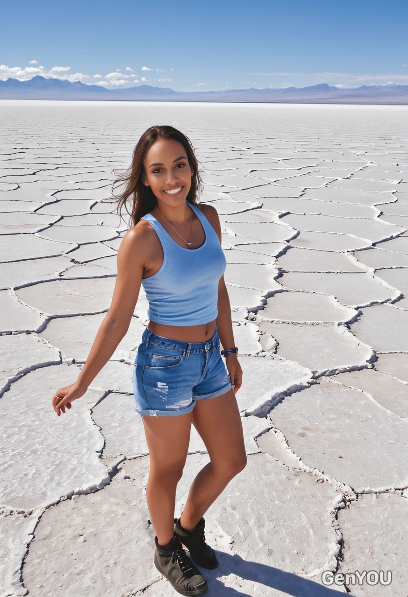 as a tourist watching around Salar de Uyuni salt flats,pretty smile, full body view 