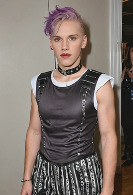 wearing a quirky costume, standing at a costume party, half body 