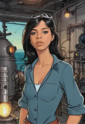 Hand-drawn flat cartoon style, Audrey Ramirez from Atlantis: The Lost Empire, oversized cartoon eyes, welding torch glow lighting, waist-up portrait, submarine workshop background