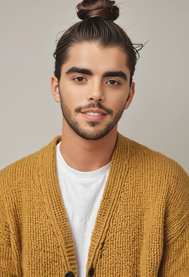 student with a top knot man bun, in a chunky mustard knit cardigan over white tee, with a soft smile, classic yearbook background 