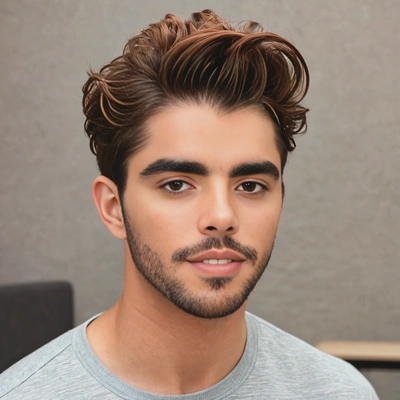 medium-length quiff with soft curls and subtle copper highlights, soft focus, blurred background