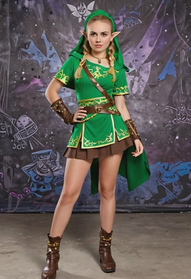 Zelda costume at funky party background full-body image