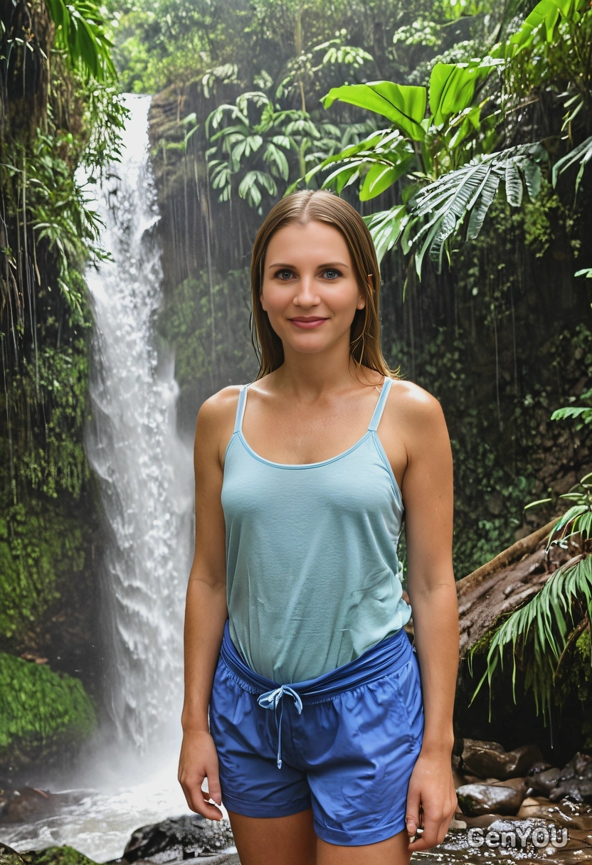 standing under a waterfall in a tropical rainforest
