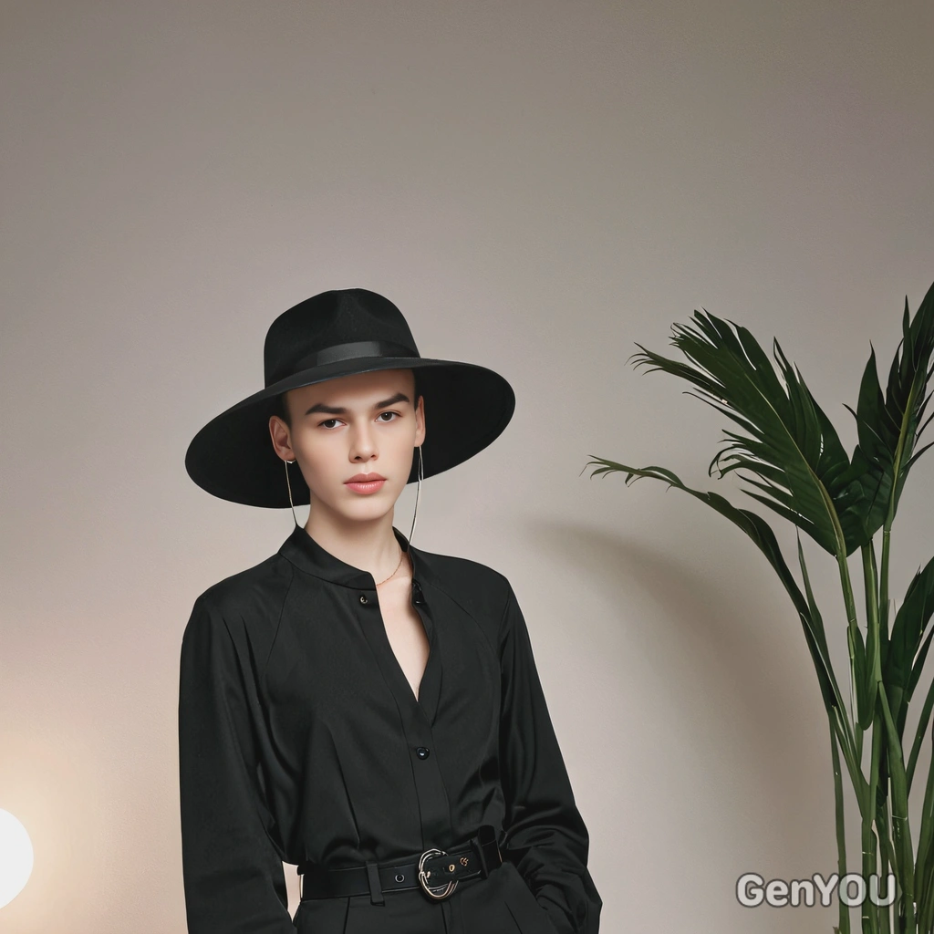 dressed in a chic all-black outfit with a wide-brimmed hat, standing in a minimalist K-pop photoshoot set with soft lighting and modern decor