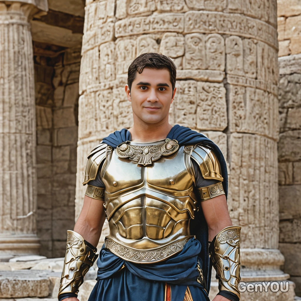 As a Greek hero, wearing a tunic and bronze armor, standing victoriously beside an ancient stone temple