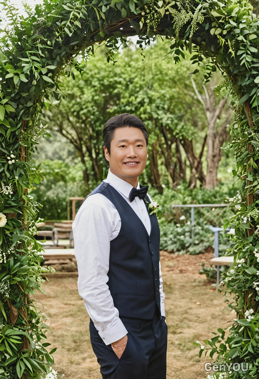 as the groom in an outdoor ceremony surrounded by lush greenery and decorated arch