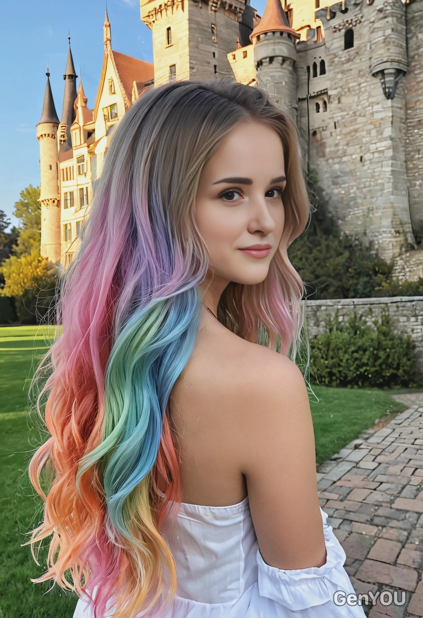 long, flowing hair dyed in pastel rainbow ombré, styled with subtle waves, against a fairytale castle backdrop