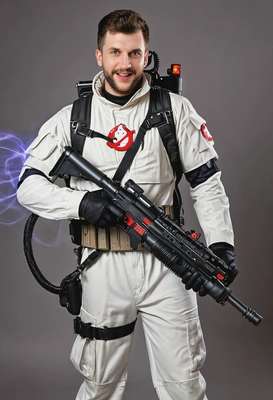 as Ghost Buster holding a blaster, full body image, background with disco lights