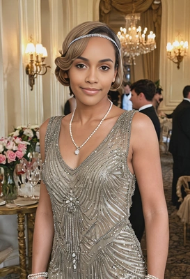 as Daisy Buchanan from The Great Gatsby, a flapper in a sparkling 1920s dress, at a lavish Gatsby mansion party 