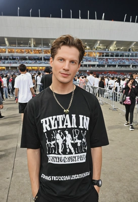 as a fan of BigBang’s Taeyang, wearing a Taeyang concert shirt, standing at the entrance of a massive concert stadium