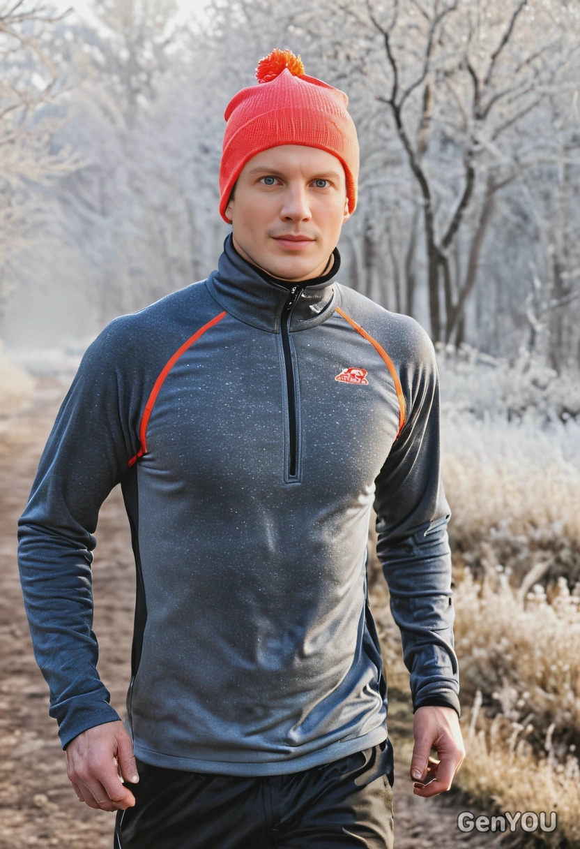 jogging on a frost-covered trail early in the morning, wearing thermal running gear and a bright beanie, mid-shot  