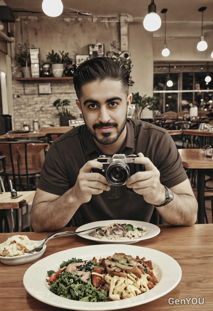 a food blogger capturing a photo of the meal at a trendy café, sepia filter