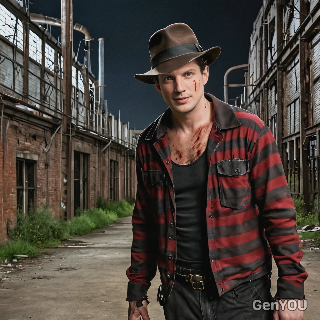 as Freddy Krueger, standing by a haunted old factory in the night