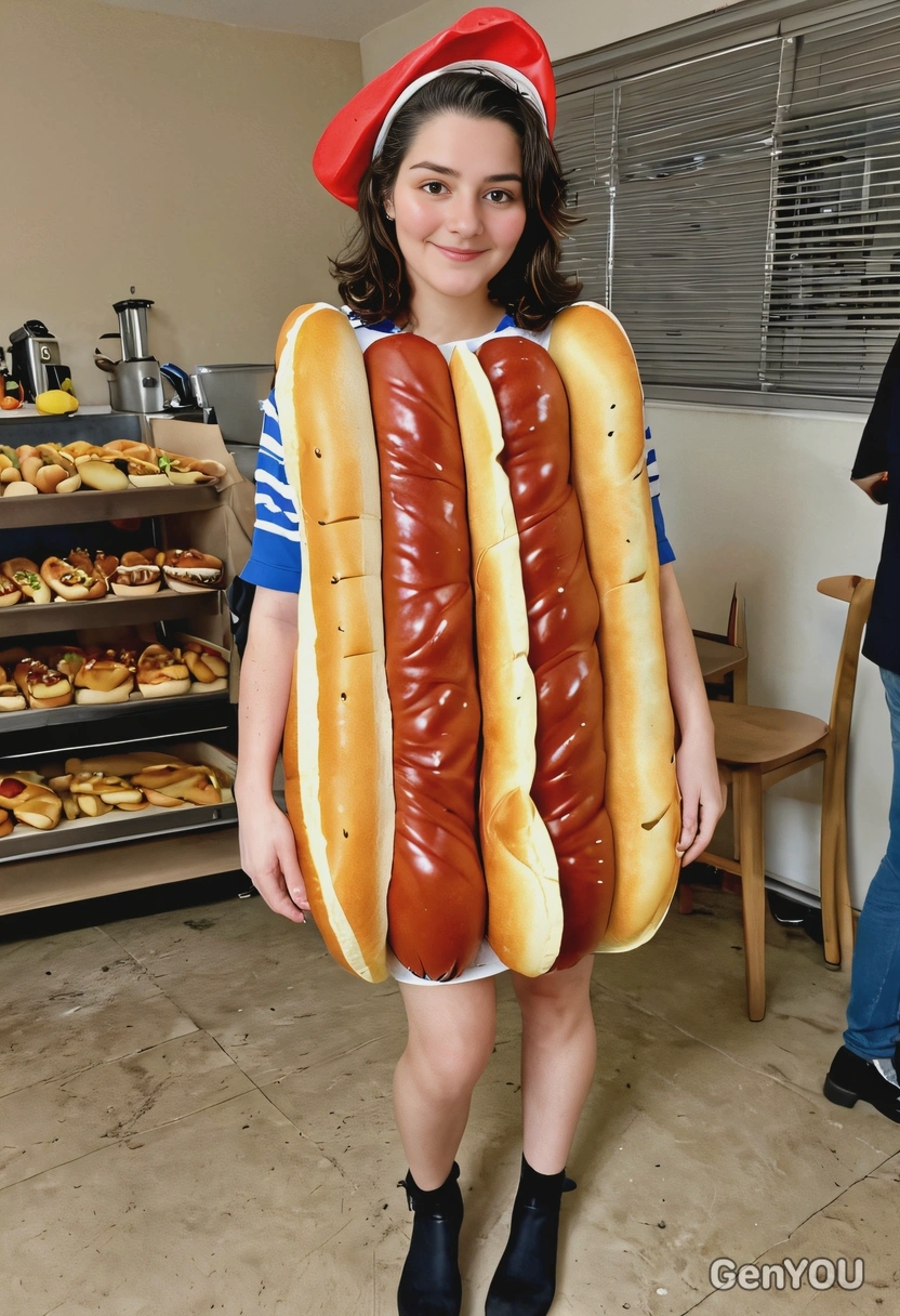 having fun in a realistic hotdog costume at a costume party, full body image, people in the background