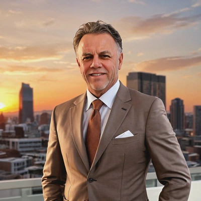 sharp high-quality mid-body photo, sharp skin texture details, nice hairdo, neat brown business suit relaxed pose, blurry office background, sunset lighting