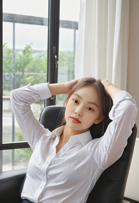 as a businessperson taking a break, jeasn and white shirt, heads up behind head, leaning back in armchair at the window