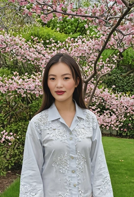 standing in a garden, with the tree branches above covered in blossoms